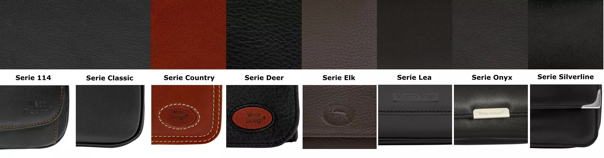 Vergleich Leder, Logo und Nähte von Martin Wess Pfeifentaschen Serien