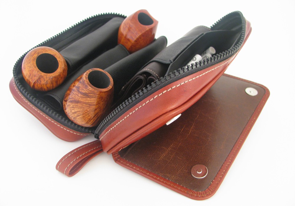 Pfeifentasche Set Für 2 Pfeifen | Inkl. Pfeifenbesteck, Reiniger & Zündhölzer | Kunstleder, Schwarz-braun | Maße Ca. 19x10x7 Cm