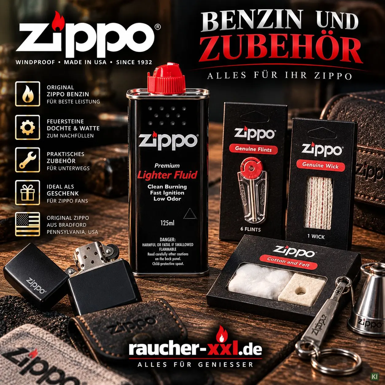 Zippo Benzin und Zubehör wie Dochte Feuersteine