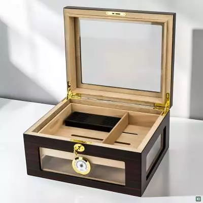 Produktbild: Humidor Ebony matt mit Glasfenster Tischzene offen