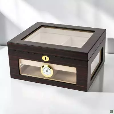 Produktbild: Humidor Ebony matt mit Glasfenster als Tischszene