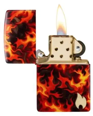 Produktbild: Zippo 60007852 Flaming Zippo Inferno 540° Fusion Tumbled Brass offen mit Flamme