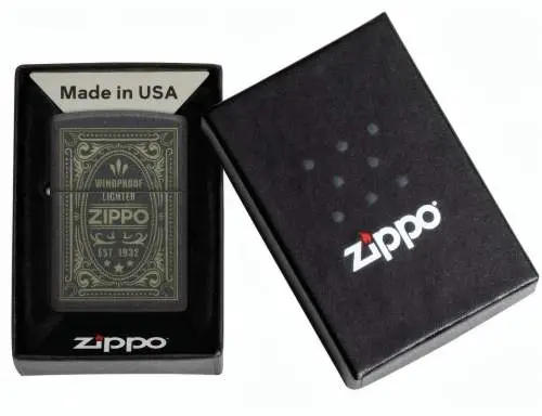 Produktbild: Zippo 60007935 Antique Label Black Crackle Laser Engrave Verpackung
