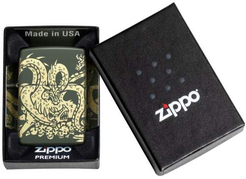 Produktbild: Zippo Dragon grün matt mit 360 Drachen Gravur Feuerzeug Verpackung