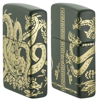 Produktbild: Zippo Dragon grün matt mit 360 Drachen Gravur Feuerzeug seitlich