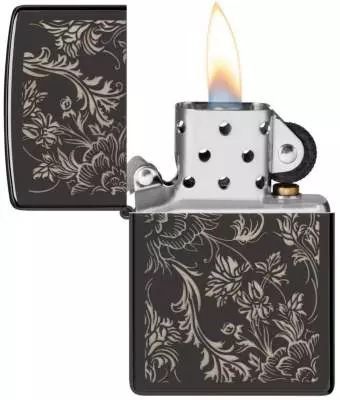 Produktbild: Zippo Filigree Blumenranken schwarz glänzend Feuerzeug offen