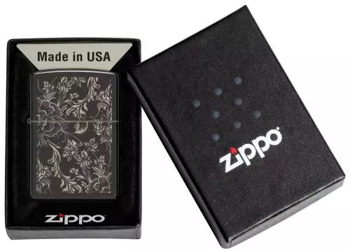 Produktbild: Zippo Filigree Blumenranken schwarz glänzend Feuerzeug Verpackung