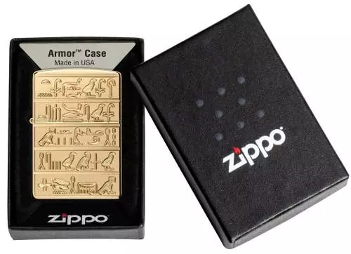 Produktbild: Zippo Hieroglyphen Armor mit Gravur Messing Feuerzeug Verpackung