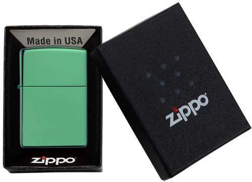 Produktbild: Zippo High Polish Green Basismodell Chameleon grün Feuerzeug Verpackung