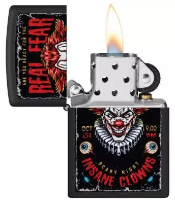 Produktbild: Zippo Insane Clowns schwarz matt Feuerzeug offen