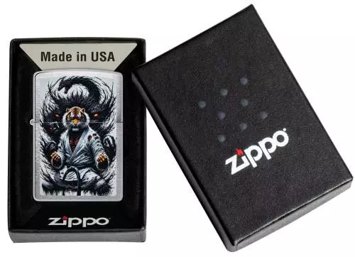 Produktbild: Zippo Karate-Tiger chrom gebürstet Feuerzeug Verpackung