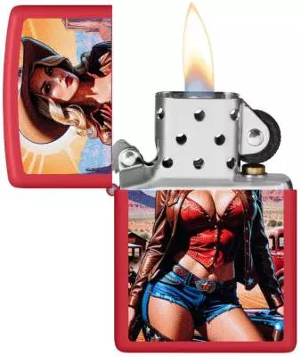 Produktbild: Zippo Pinup Cowgirl rot matt Feuerzeug offen