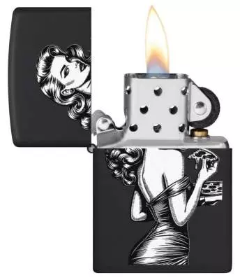 Produktbild: Zippo Pinup with Pizza schwarz matt Feuerzeug offen