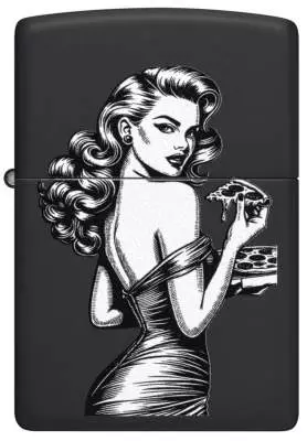 Produktbild: Zippo Pinup with Pizza schwarz matt Feuerzeug vorne
