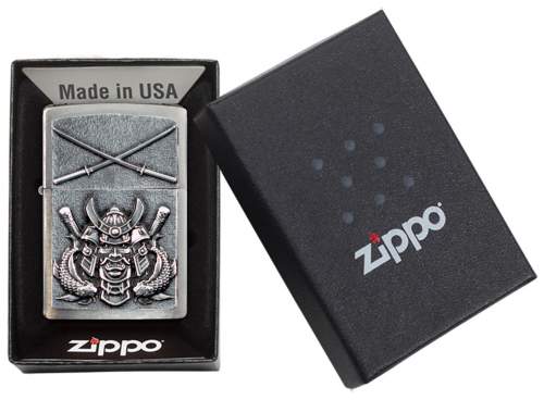 Produktbild: Zippo Samurai chrom gebürstet mit Emblem Feuerzeug Verpackung