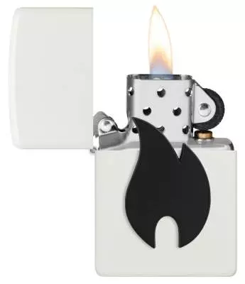 Produktbild: Zippo Schwarzes Flammenemblem weiß Feuerzeug offen