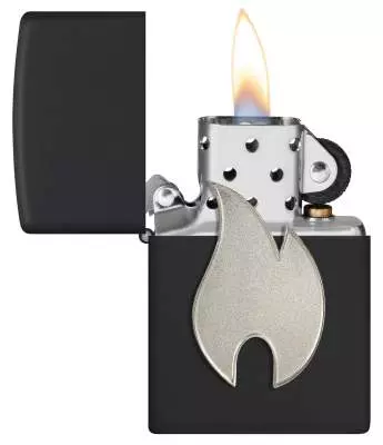 Produktbild: Zippo Silbernes Flammenemblem schwarz Feuerzeug offen