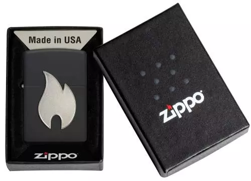 Produktbild: Zippo Silbernes Flammenemblem schwarz Feuerzeug Verpackung