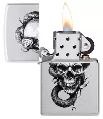 Produktbild: Zippo Skull and Snake Chrom satiniert Feuerzeug offen