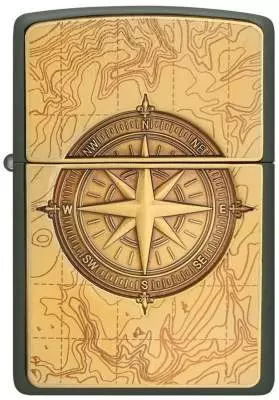Produktbild: Zippo Topographic Compass grün matt Feuerzeug vorne Feuerzeug vorne