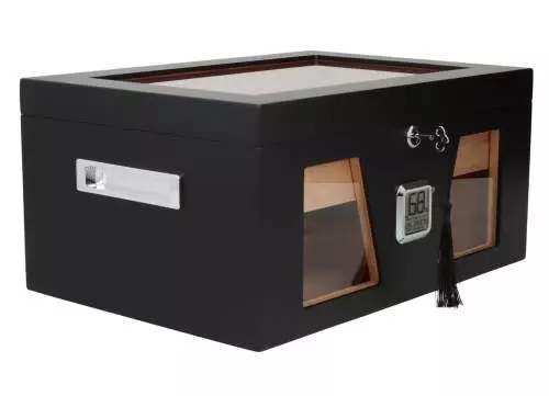 Produktbild: Angelo Humidor 3 Sichtfenster 2 schwarz vorne seitlich