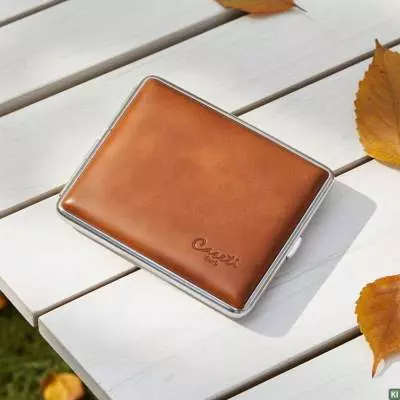 Produktbild: Zigarettenetui Caseti Leder hellbraun 18er auf einem Tisch