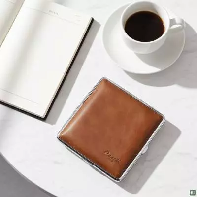 Produktbild: Zigarettenetui Caseti Leder hellbraun 20er auf einem Tisch