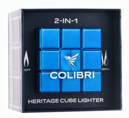 Produktbild: Colibri Heritage Cube blau Tischfeuerzeug Verpackung