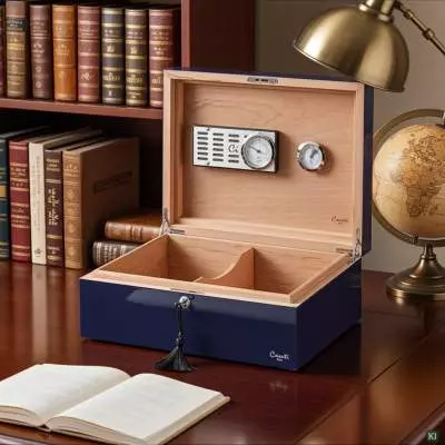 Produktbild: Humidor Caseti Paris dunkelblau in einer Bibliothek