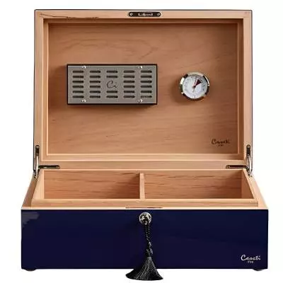 Produktbild: Humidor Caseti Paris dunkelblau vorne offen