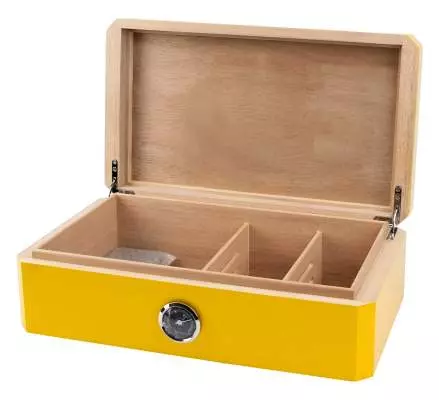 Produktbild: Humidor gelb Pianolack mit Leder schwarz offen