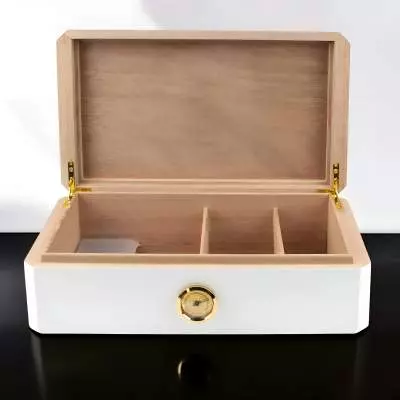 Produktbild: Humidor weiss Pianolack mit Leder braun Szene offen