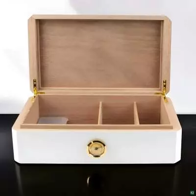 Produktbild: Humidor weiss Pianolack mit Leder braun Szene offen
