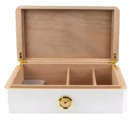 Produktbild: Humidor weiss Pianolack mit Leder braun vorne offen