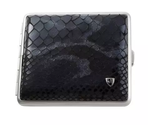 Produktbild: Zigarettenetui vom Hofe Leder Schlange schwarz mit Chromrand 18er vorne