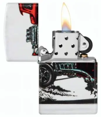 Produktbild: ZZippo 60006754 Hot Rod White Matte mit rotem US-Car und offenem Motor offen mit Flamme