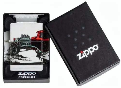 Produktbild: Zippo 60006754 Hot Rod White Matte mit rotem US-Car und offenem Motor Verpackung
