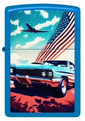 Produktbild: Zippo 60007632 US Muscle-Car Sky Blue Matte mit blauem Classic Car, amerikanischer Flagge und Flugzeug Frontseite