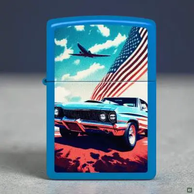 Produktbild: Zippo 60007632 US Muscle-Car Sky Blue Matte mit blauem Classic Car, amerikanischer Flagge und Flugzeug Szene