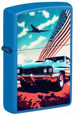 Produktbild: Zippo 60007632 US Muscle-Car Sky Blue Matte mit blauem Classic Car, amerikanischer Flagge und Flugzeug