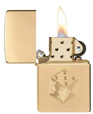 Produktbild: Title-Attribut Hauptbild: Zippo 60007826 Dice High Polish Brass offen mit Flamme