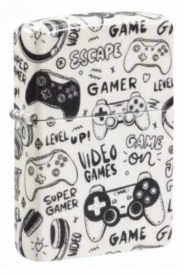 Produktbild: Zippo 60007827 Super-Gamer 540° Games Pattern weiß mit schwarzen Gaming-Controllern, Kopfhörern und Schriftzügen