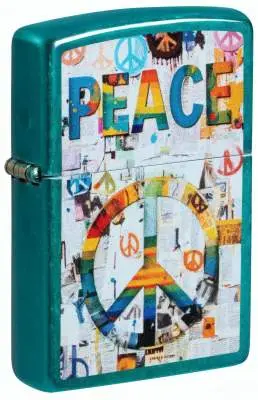 Produktbild: Zippo 60007847 Peace Candy Teal mit PEACE-Schriftzug, Regenbogen-Peace-Zeichen und farbenfroher Friedenscollage