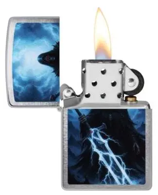 Produktbild: Zippo 60007863 Soul Reaper Brushed Chrome offen mit Flamme