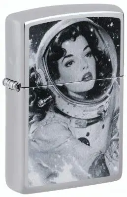 Produktbild: Zippo 60007871 Vintage Astronautin High Polish Chrome mit monochromer Astronautin im Raumanzug und Retro-Pin-up-Motiv