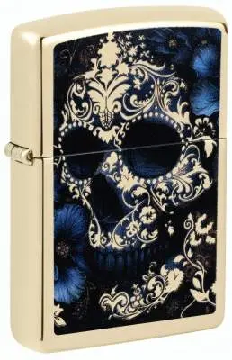 Produktbild: Zippo 60007900 Skull with Flowers Champagne mit floralem Totenkopf, Blüten und geschwungenen Ranken