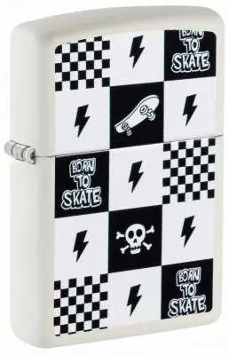 Produktbild: Zippo 60007903 Skateboard Checkers White Matte mit Born-to-Skate-Schriftzug, Skateboard, Schachbrett und Totenkopf