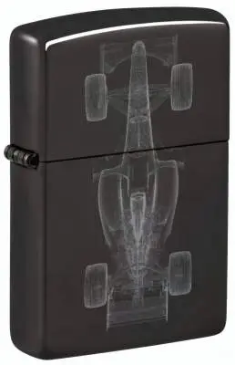 Produktbild: Zippo 60007912 Racecar High Polish Black mit Formel-Rennwagen in Draufsicht und technischem Röntgenbild-Look