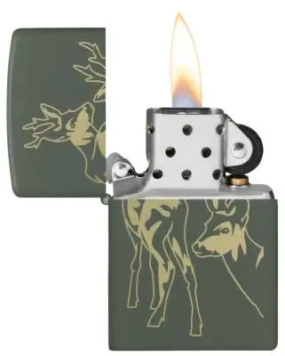 Produktbild: Zippo 60007921 Deer Hirsche Green Matte Laser Engrave offen mit Flamme