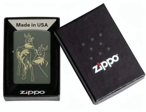 Produktbild: Zippo 60007921 Deer Hirsche Green Matte Laser Engrave Verpackung